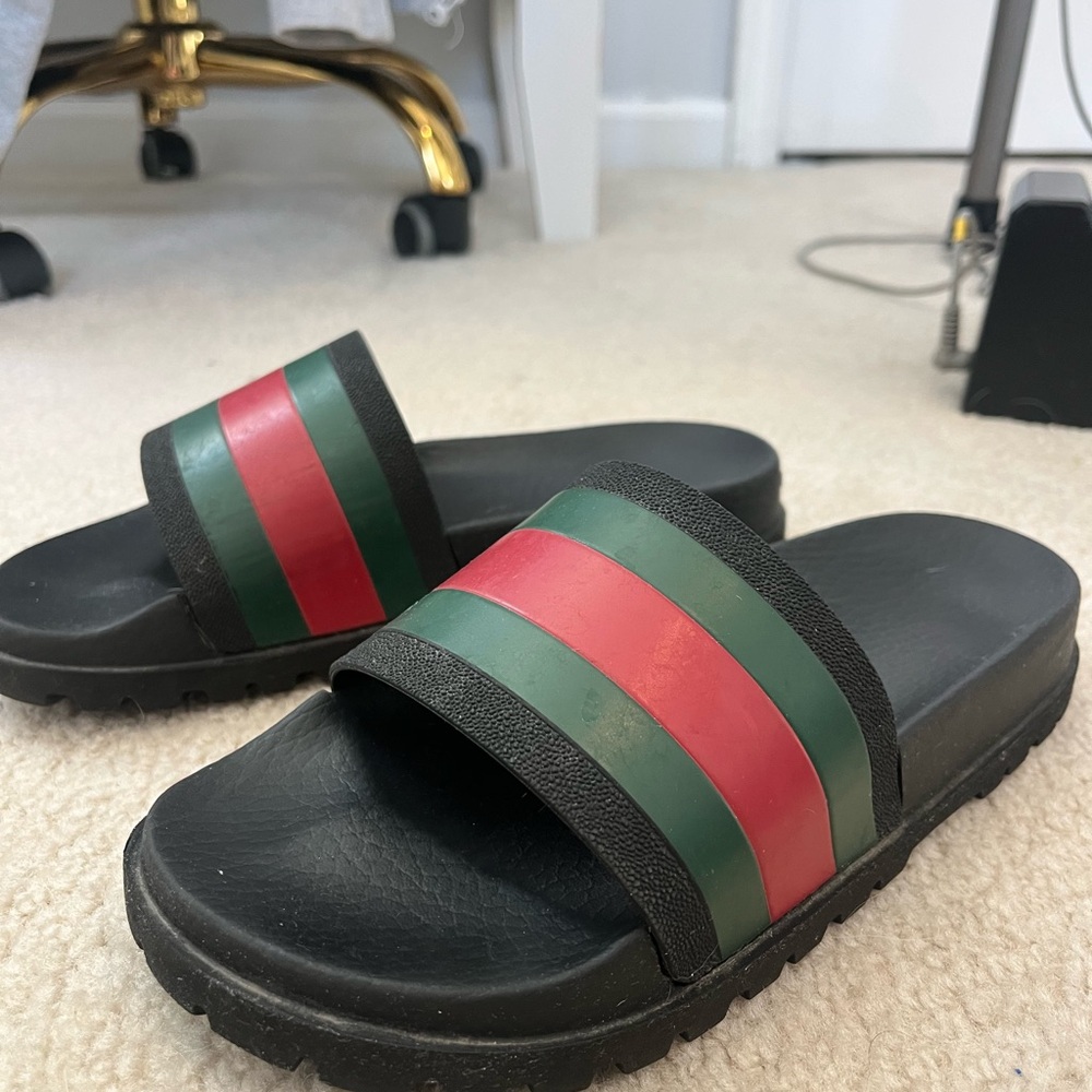 Gucci Black Slides with Red and Green Stripes